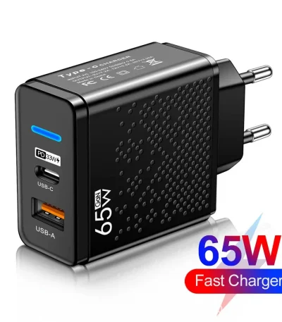 65W Dual Port USB-C PD Fast Charger with USB-A Port – Black