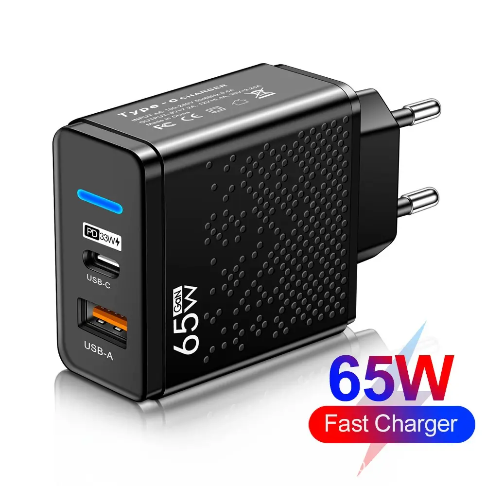 65W Dual Port USB-C PD Fast Charger with USB-A Port – Black