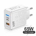 65W Dual Port USB-C PD Fast Charger with USB-A Port – White