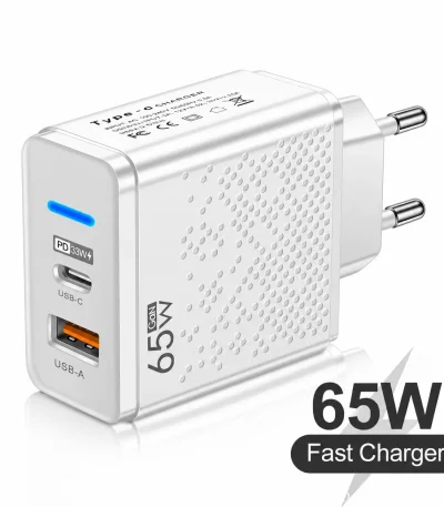 65W Dual Port USB-C PD Fast Charger with USB-A Port – White