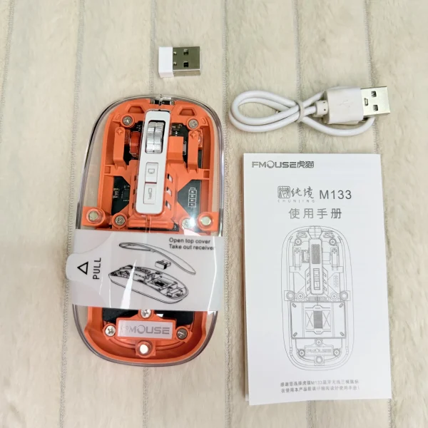 FMOUSE Transparent Crystal 2.4G + Bluetooth Magnetic Wireless Mouse – Orange