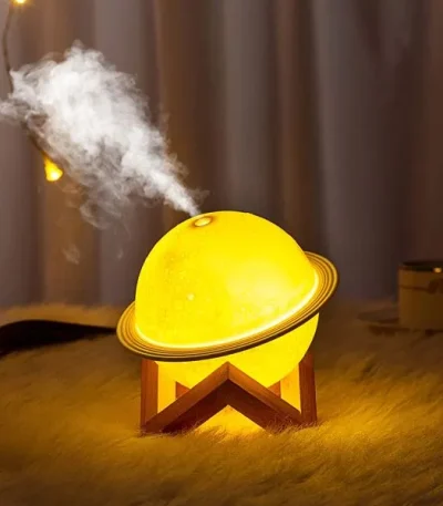 Portable Planet Humidifier Moon Sphere with 3-Color LED Night Light & Wood Stand