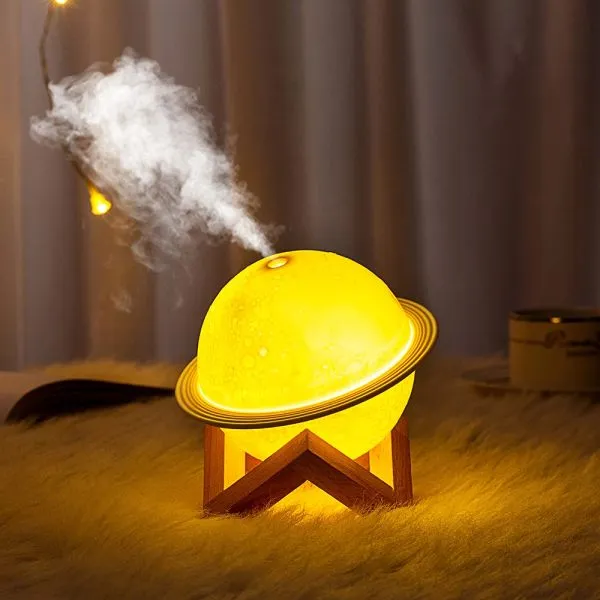 Portable Planet Humidifier Moon Sphere with 3-Color LED Night Light & Wood Stand