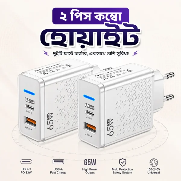 2 Piece: 65W Fast Charger White Combo